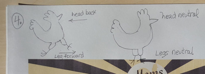 2 pencil drawings of chicken walking